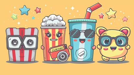 Cute kawaii cinema mascots set isolated on background. Contemporary vector cartoon illustration of a soda can, ticket, and popcorn in 3D glasses, along with vintage camera characters with faces.