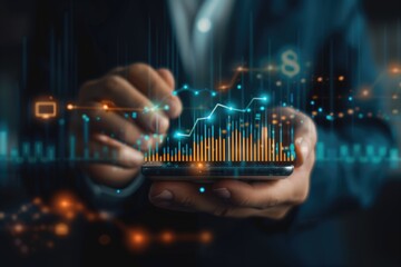 Businessman analyzing financial data on digital tablet with futuristic technology graphics overlay. Stock trading, data analytics, financial forecasting, economic trends, investment strategy concept.