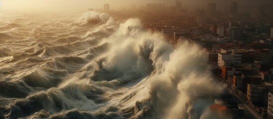 Fototapeta premium Dramatic background of giant tsunami waves hitting a coastal city