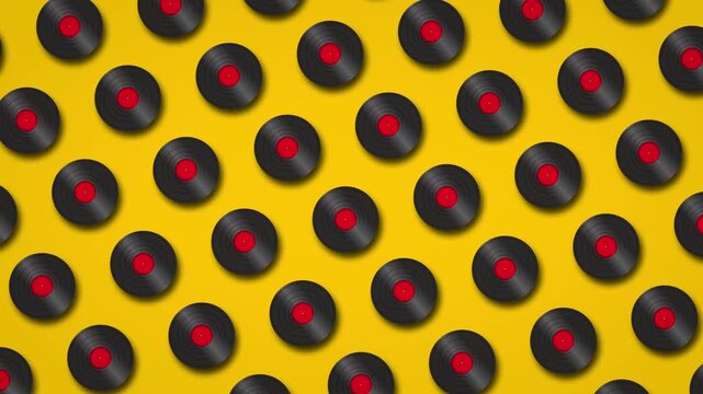 Modern art, collage 2d animation. Black vinyl record or disc, yellow backdrop. Modern stop motion. Isometric looping motion. Retro magazine. Footage for VJ