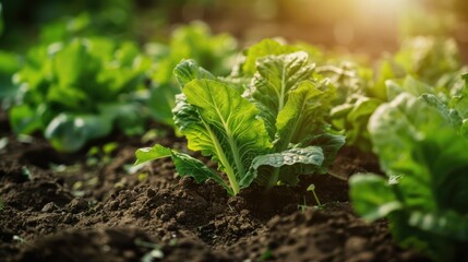 Obraz premium Close-up of young vegetable plants growing in rows in a field, with sunlight shining on the fresh green leaves. Sustainable farming concept.