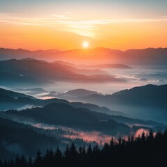 Obraz premium A breathtaking sunrise over a misty mountain range, with golden rays of sunlight breaking through the mist and illuminating the peaks and valleys. AI generated image.