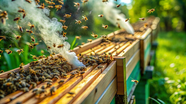 A mesmerizing close-up of a hive inspection, soft wisps of smoke calming the busy bees, amidst a lush green apiary, exemplifying the beauty of nature and agriculture.