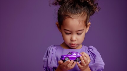 A young girl in a purple dress is holding a purple toy car and examining it with curiosity, her face showing interest and wonder.
