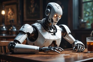 Humanoid robot with glowing eyes seated at a wooden table