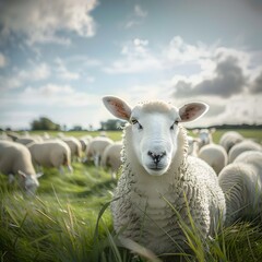 Fototapeta premium Sheep Looking at Camera in a Field of Grass