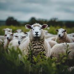 Fototapeta premium Sheep Flock In Grassy Field