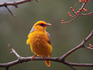 Small sparrow like bird of saffron orange and yellow color on a branch
