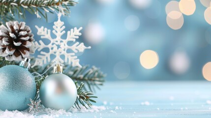 A blue and white Christmas ornament with a snowflake on it sits on a table