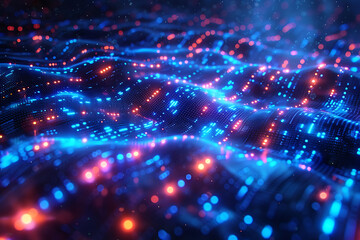 A binary background with dark blue and touches of neon highlights creating a technological and futuristic aesthetic