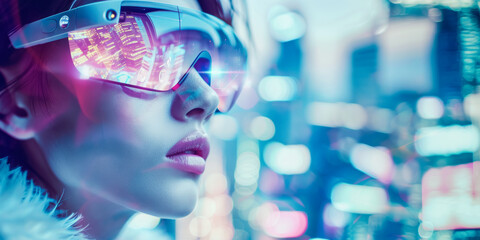 Woman in a futuristic city environment wearing AR glasses with digital information overlay, highlighting the integration of augmented reality in everyday life
