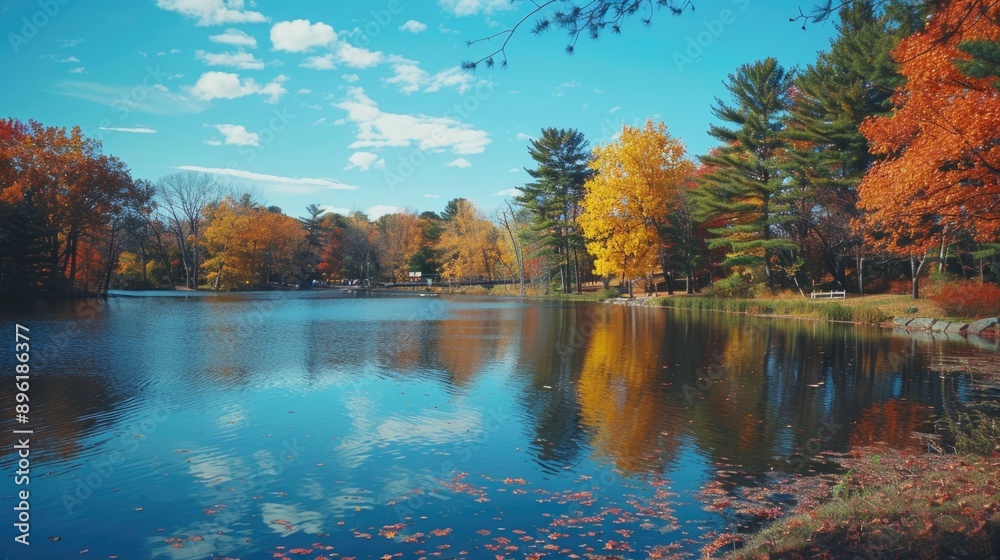 Poster a serene lake scene with fall foliage and trees reflected on its calm surface