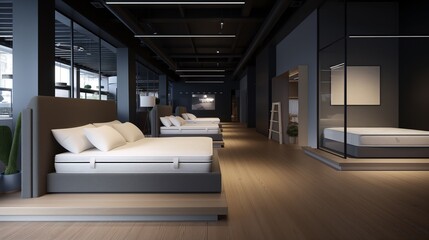 Modern showroom interior featuring several display beds with headboards and pillows, showcasing contemporary bedding and furniture design.