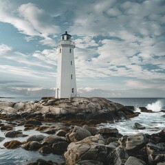 Fototapeta premium A historic lighthouse standing tall on a rocky coastline, overlooking the ocean with its beacon shining brightly against the rugged landscape. AI generated image.