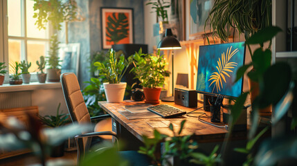 A cozy home office setup with plants and inspiring decor.