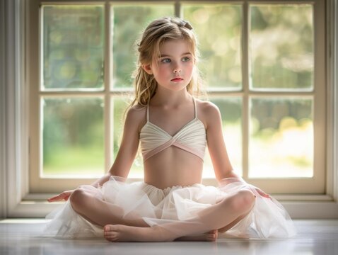 A young girl sits in a meditative pose by a window. AI.