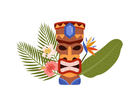 Polynesian Tiki mask decorated with tropical flora in vector illustration.