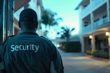 Security. Security officer in special clothing patrols residential complex. View from the back. The inscription on the back says "Security"