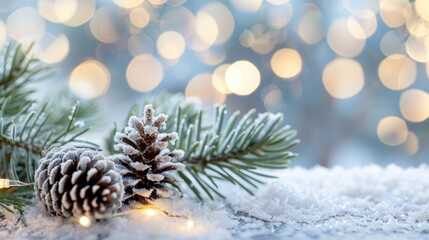 A pine tree with two cones on it and snow on the ground