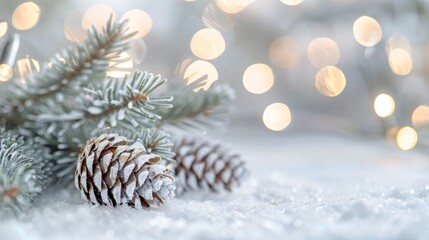 Obraz premium A pine tree with snow on it and a pinecone on the ground