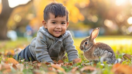 A young boy smiles at a rabbit in the grass. AI.