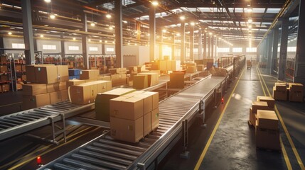 Cardboard boxes move along a conveyor belt in a warehouse. AI.