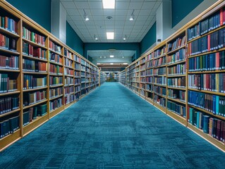Bookshelves lining a long hallway in a library. AI.