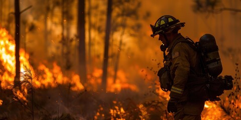 Naklejka premium A firefighter stands against a backdrop of flames, battling a wildfire. AI.