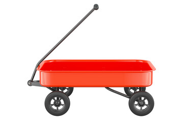 Empty red kids toy wagon, side view. 3D rendering isolated on transparent background