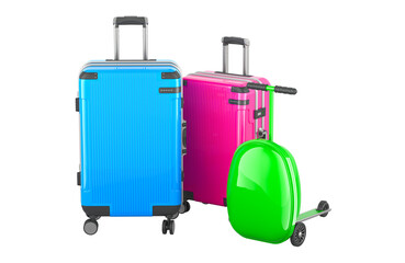 Family travel, concept. Luggages and Scooter Suitcase. 3D rendering isolated on transparent background