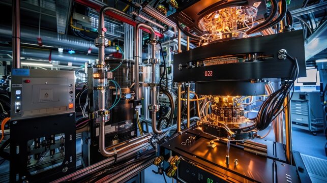 A quantum computing lab experimenting with qubits and quantum algorithms, aiming to solve complex problems exponentially faster than classical computers.