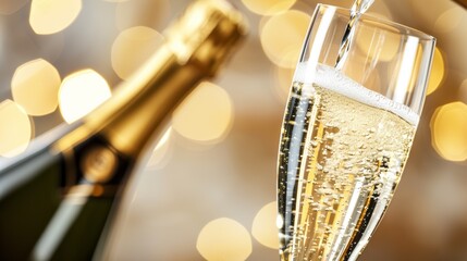 A bottle of champagne is poured into a glass