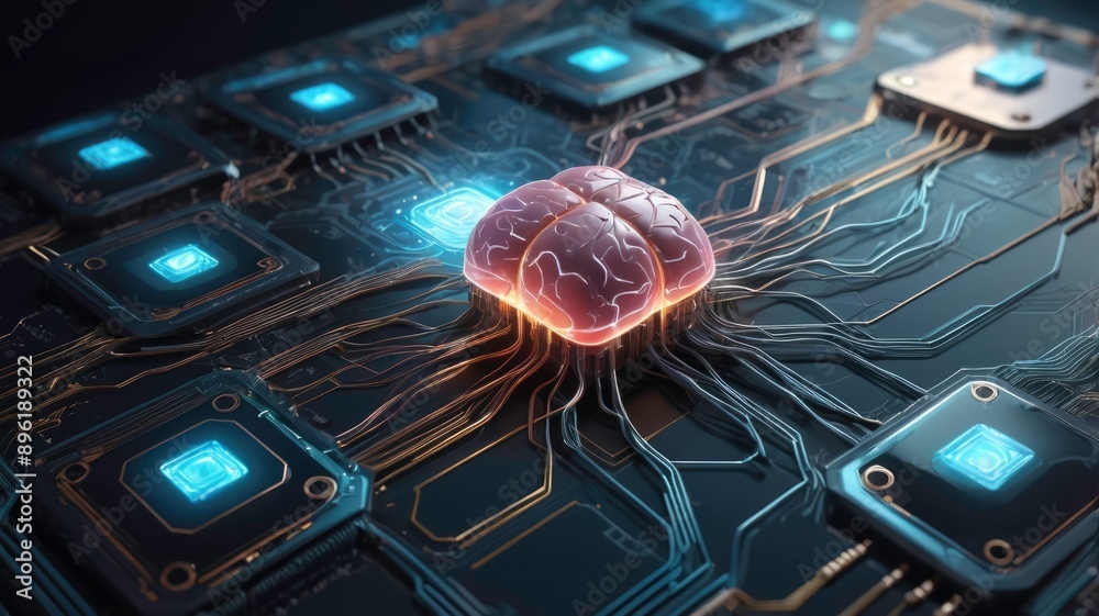 Wall mural neural circuit and electronic cyber brain in quantum computing, ai technology concept