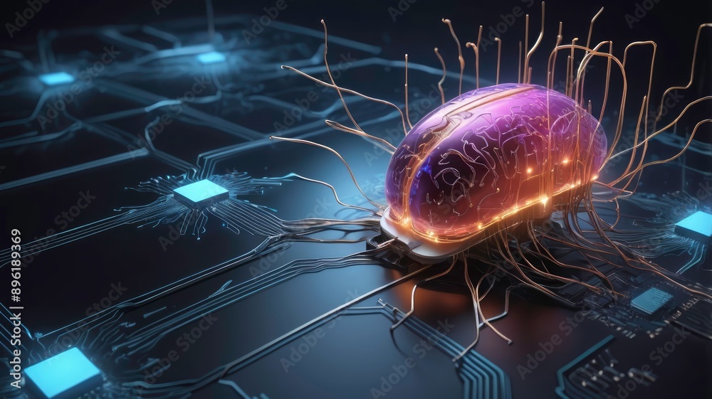 Sticker neural circuit and electronic cyber brain in quantum computing, ai technology concept