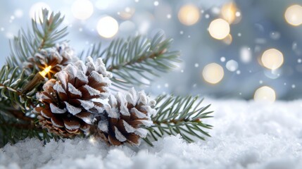 A pine tree branch covered in snow and pine cones