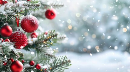 Naklejka premium Christmas tree with red ornaments and snow on the ground