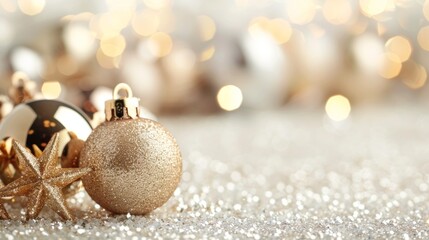 A gold and silver ornament sits on a snowy surface