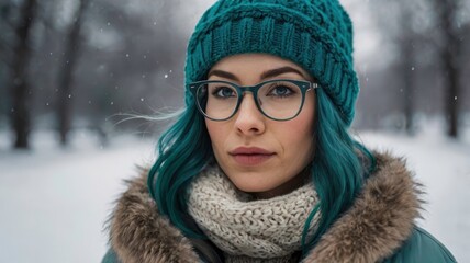 Outdoor winter portrait teal-haired woman, glasses, 50mm 8k