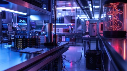 A quantum computing lab experimenting with qubits and quantum algorithms, aiming to solve complex problems exponentially faster than classical computers.