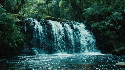 Obraz premium Ultra-sharp image of a pristine waterfall in dense forest, long exposure effect,