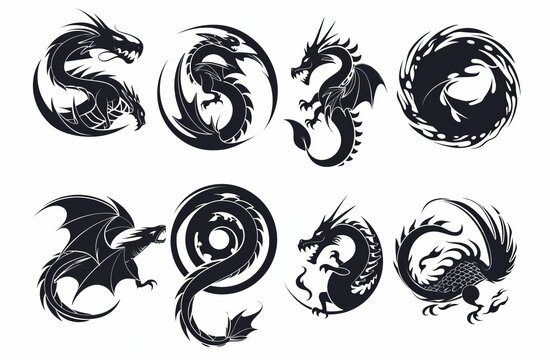 An illustration of a round tribal dragon tattoo design in black and white.
