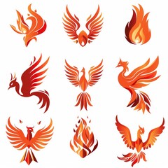 Icons of stylized Phoenix birds on white background