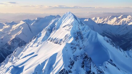 Fototapeta premium Aerial view of a snow-capped mountain peak with a clear blue sky.