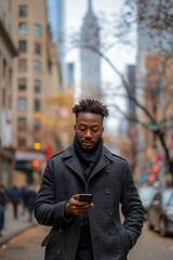 Fototapeta premium Businessman walking down the street and using smartphone in autumn