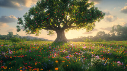 An ancient oak tree stands tall amidst a field of wildflowers.