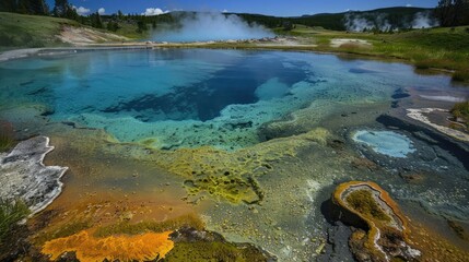 Naklejka premium Steam rising from geothermal vent in a volcanic landscape.