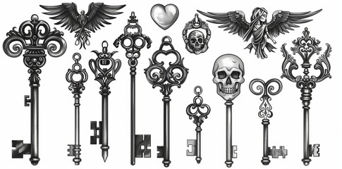 Set of retro keys, vintage style. Illustration for antiques decoration. Collection of medieval ornaments. Hand drawn old realistic design.