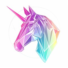 Colorful low polystyle fantasy icon with polygonal unicorn illustration.