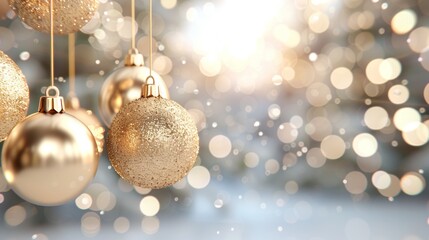 A bunch of gold colored Christmas ornaments hanging from a string