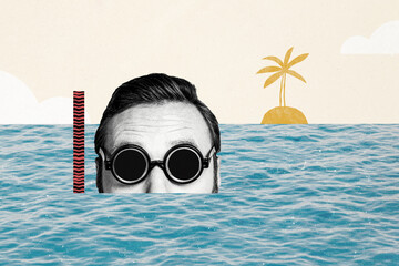 Composite photo collage of man diver swim sea water wear scuba equipment glasses tube summer vacation island isolated on painted background © deagreez